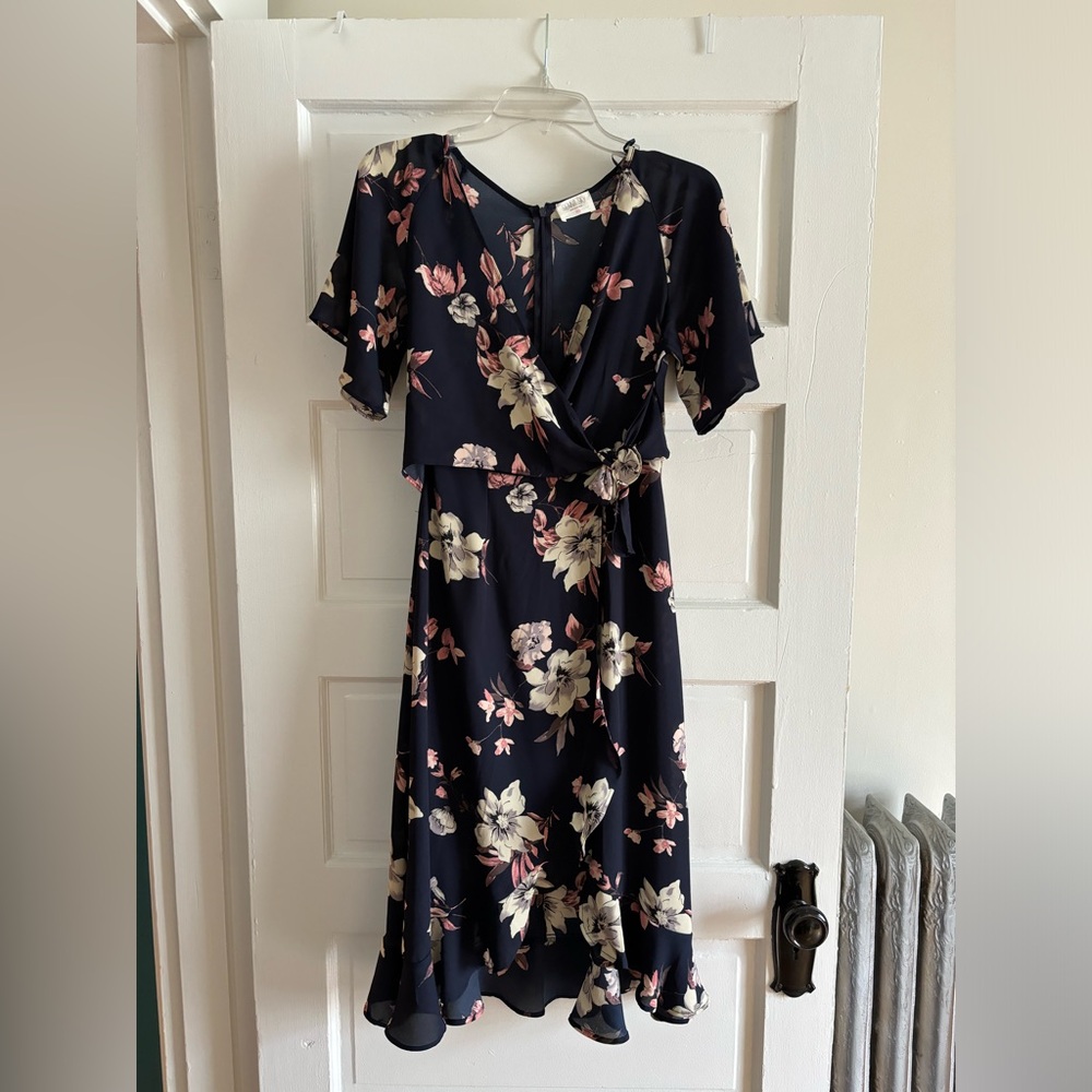 Sienna Sky Navy Floral Midi Dress with Cream and Blush Flowers